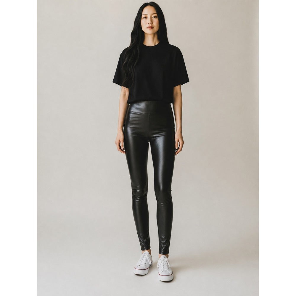 Spanx Faux Leather Leggings Very Black High Waisted Petite Medium 24397P